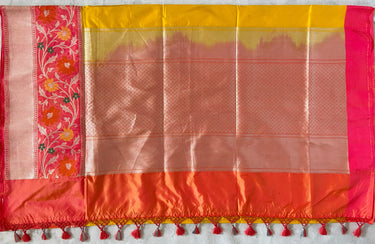 Banarasi Katan pure silk saree | Alfi Sona-Rupa kadwa weave with Kadiyal border | Yellow and Peach | Handwoven | Ships from California